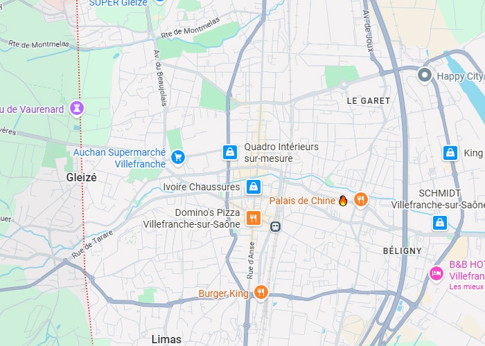 Villefranche-sur-Saône : Plan détaillé des commerces et quartiers Carte de Villefranche-sur-Saône. Commerces visibles : Auchan Supermarché, Domino's Pizza, Burger King, Palais de Chine. Quartiers : Gleizé, Limas, Le Garet.