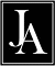 Monogramme 'JA' élégant en blanc, style serif, sur fond noir encadré de gris. Logo professionnel.