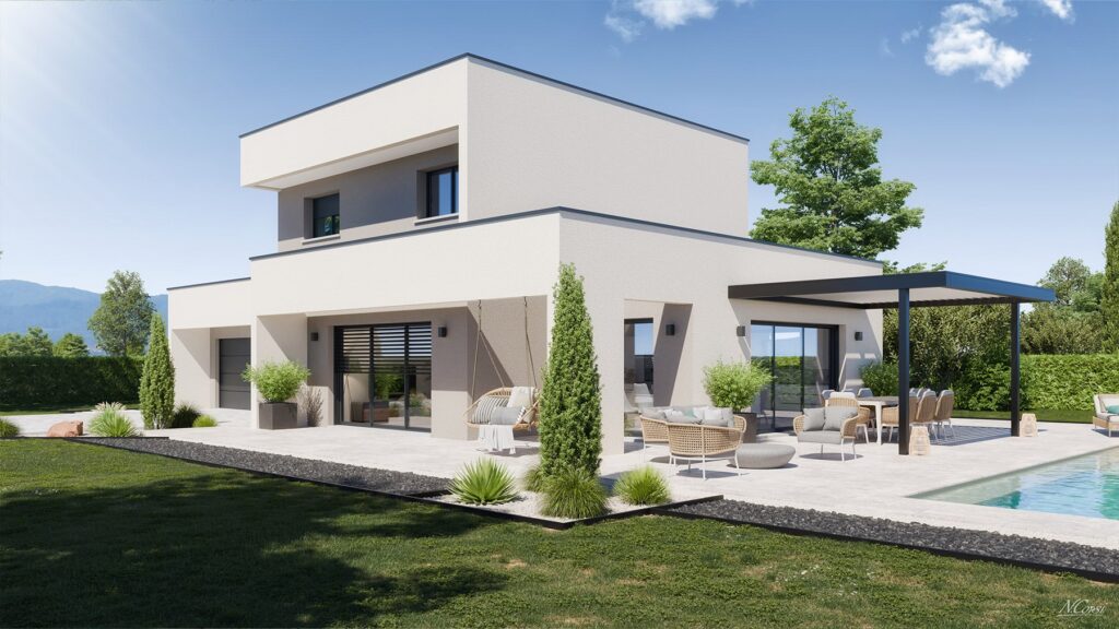 Architecture contemporaine: maison moderne, piscine et terrasse. Maison contemporaine à façade blanche, architecture cubique, dotée d'une grande terrasse carrelée, d'une piscine et d'une pergola. Jardin luxuriant.